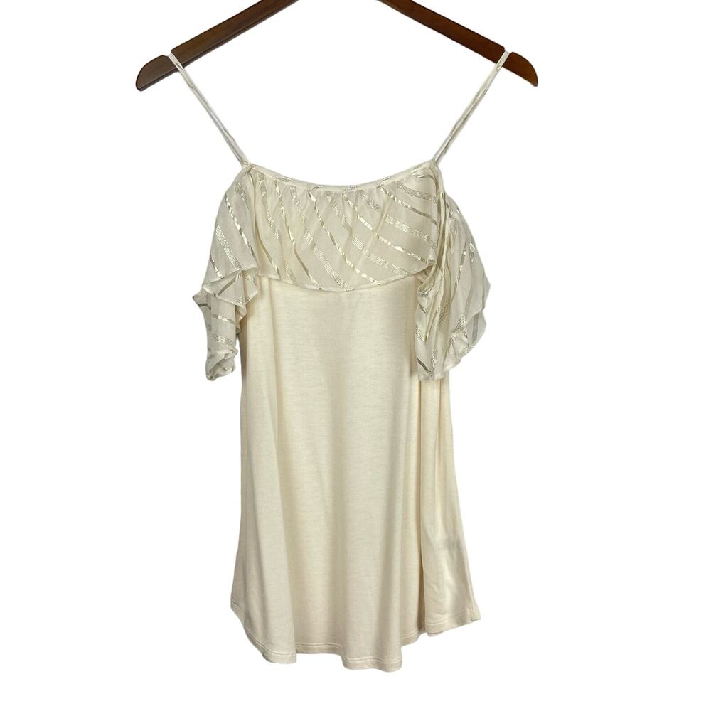 LOFT | NWT Cream & Metallic Gold Stripe Ruffle Accent Cold Shoulder Knit Shirt - Picture 5 of 11